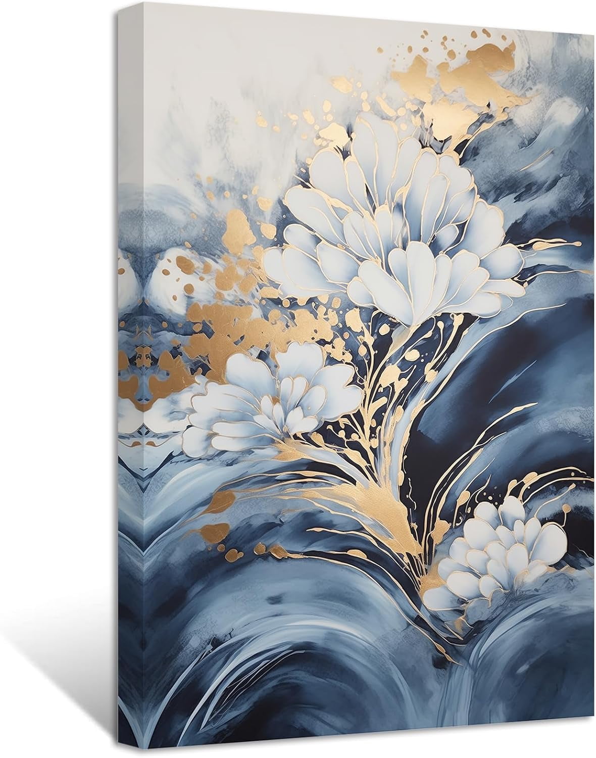 ZHONGYUTONG Blue Golden White Flowers Wall Decor Abstract Navy Blue and ...