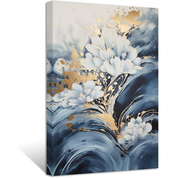 ZHONGYUTONG Blue Golden White Flowers Wall Decor Abstract Navy Blue and Gold Picture Painting Luxury Floral Canvas Prints Modern Home Decor Artwork (16.00" x 24.00")