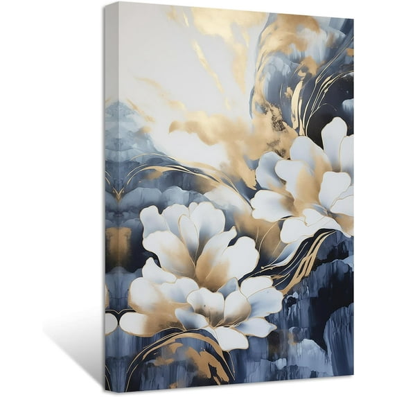 ZHONGYUTONG Blue Golden White Flowers Wall Decor Abstract Navy Blue and Gold Picture Painting Luxury Floral Canvas Prints Modern Home Decor Artwork (20.00" x 30.00")