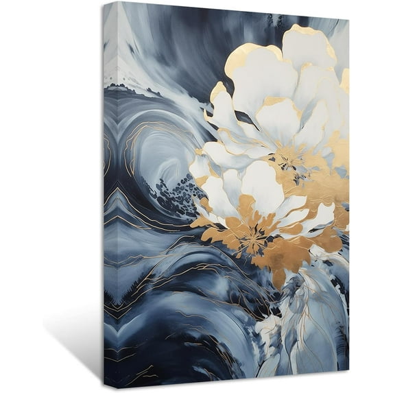 ZHONGYUTONG Blue Golden White Flowers Wall Decor Abstract Navy Blue and Gold Picture Painting Luxury Floral Canvas Prints Modern Home Decor Artwork (24.00" x 36.00")