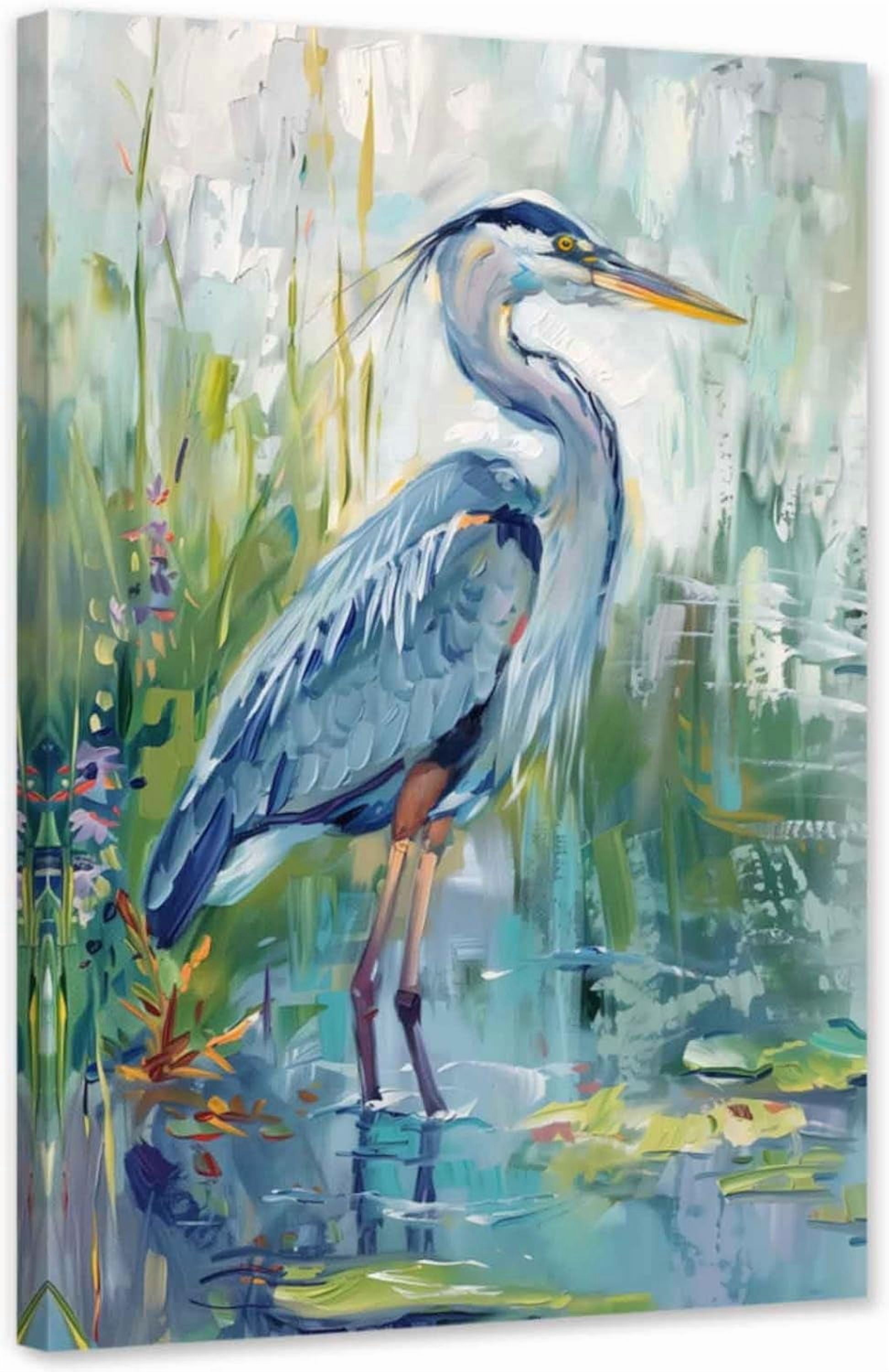 ZHONGYUTONG Blue Heron Canvas Wall Art Sea Bird Pictures Wall Decor Egret Beach Animal Painting for Bathroom Living Room Decor Framed (12.00" x 18.00")