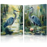 ZHONGYUTONG Blue Heron Wall Art Set of 2 Coastal Birds Canvas Pictures Beach Animal Painting Vintage Crane Print for Living Room Decor Framed 16.00" x 24.00" x 2PCS
