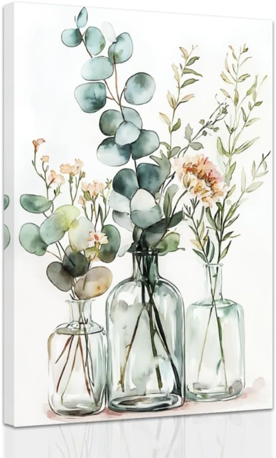 ZHONGYUTONG Bottles and Plants Wall Art Botanical Bathroom Pictures Eucalyptus Canvas Prints Country Kitchen Bedroom Home Decor Framed (12.00" x 18.00")