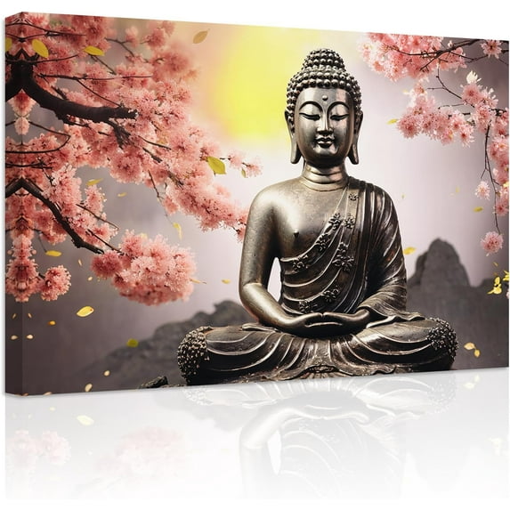 ZHONGYUTONG Buddha Wall Art Buddha Statue & Pink Flower Paintings Prints Zen Canvas Spiritual Pictures for Spa Yoga Meditation Buddhism Prayer Room Framed (28.00" x 42.00")