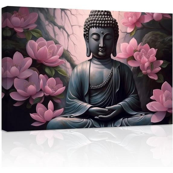 ZHONGYUTONG Buddha Wall Art Buddha Statue & Pink Flower Paintings Prints Zen Canvas Spiritual Pictures for Spa Yoga Meditation Buddhism Prayer Room Framed (20.00" x 30.00")