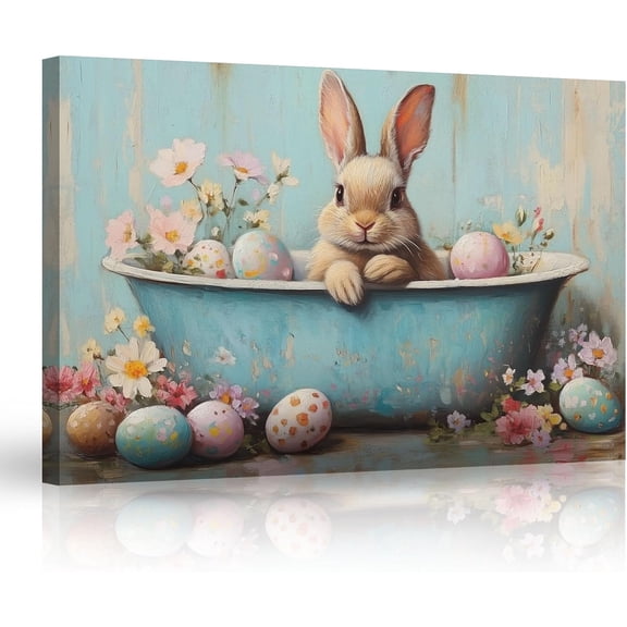 ZHONGYUTONG Bunny Bathroom Wall Art Bunny in Bathtub Picture Easter Eggs Canvas Print Funny Rabbit Artwork for Toilet Wall Decor Framed (24.00" x 36.00")