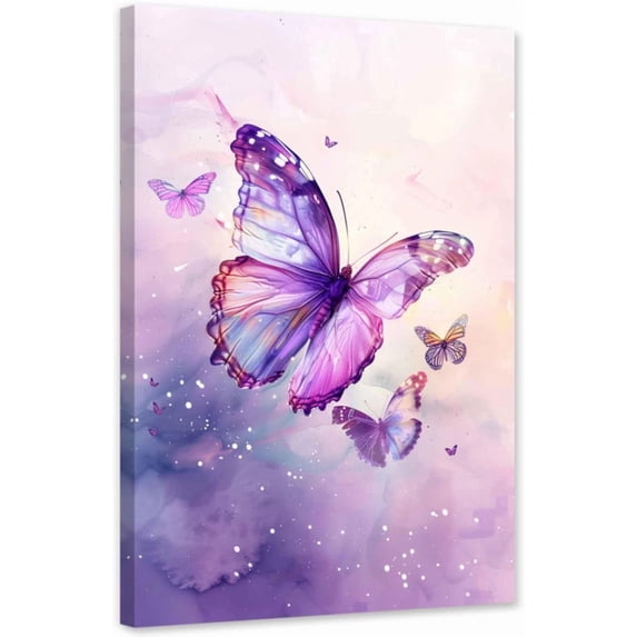 ZHONGYUTONG Butterfly Canvas Wall Art Pink with Purple Butterfly Pictures Wall Decor Watercolor Painting for Girl Bedroom Decor Framed (12.00" x 18.00")
