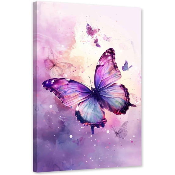 ZHONGYUTONG Butterfly Canvas Wall Art Pink with Purple Butterfly Pictures Wall Decor Watercolor Painting for Girl Bedroom Decor Framed (28.00" x 42.00")