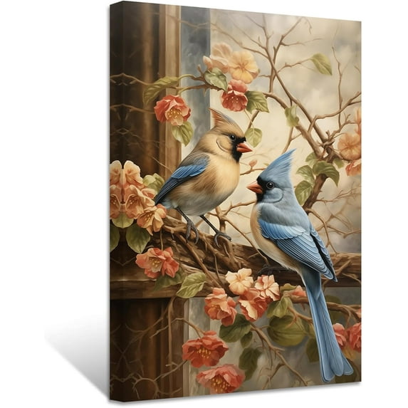 ZHONGYUTONG Cardinal Picture Wall Art Cardinal on Branch Canvas Prints Rustic Elegant Bird with Vintage Flower Paintings Winter Animal Artwork Home Decor Framed (24.00" x 36.00")