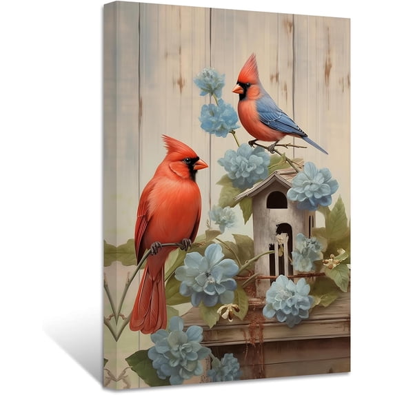 ZHONGYUTONG Cardinal Picture Wall Art Cardinal on Branch Canvas Prints Rustic Elegant Bird with Vintage Flower Paintings Winter Animal Artwork Home Decor Framed (16.00" x 24.00")