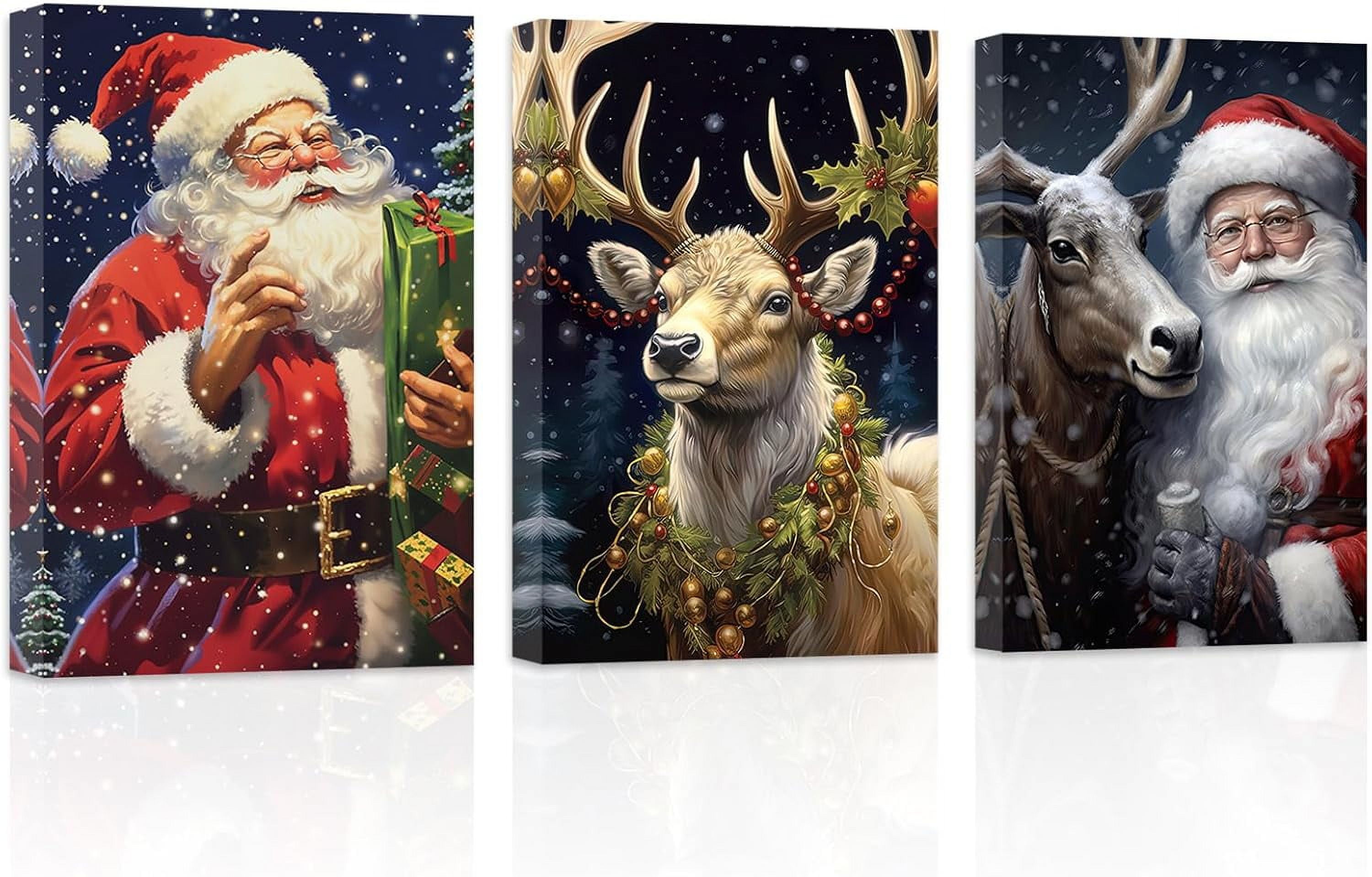 ZHONGYUTONG Christmas Canvas Wall Art 3 Piece Santa Claus with Reindeer ...