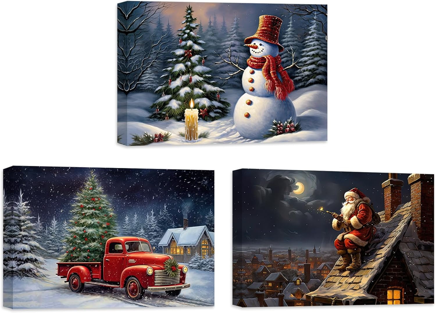 ZHONGYUTONG Christmas Canvas Wall Art 3 Piece Santa Snowman Red Truck ...