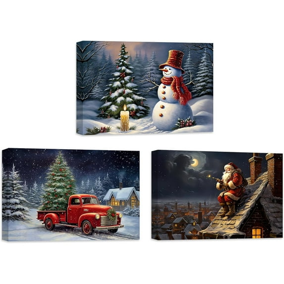ZHONGYUTONG Christmas Canvas Wall Art 3 Piece Santa Snowman Red Truck Pictures Prints Winter Night Artwork for Living Room Bedroom Decor (Christmas-2, 20.00" x 28.00" x 3PCS)