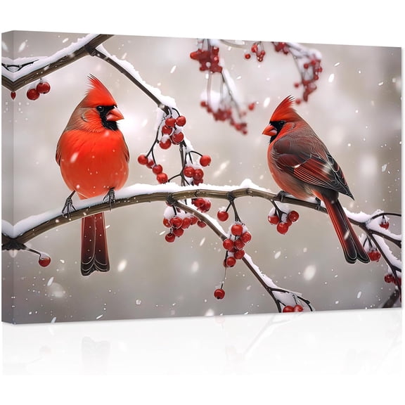 ZHONGYUTONG Christmas Canvas Wall Art Cardinal Couple on Branch Picture Print Red Bird Posters Winter Scene Artwork Christmas Home Decor Ready to Hang (20.00" x 30.00")