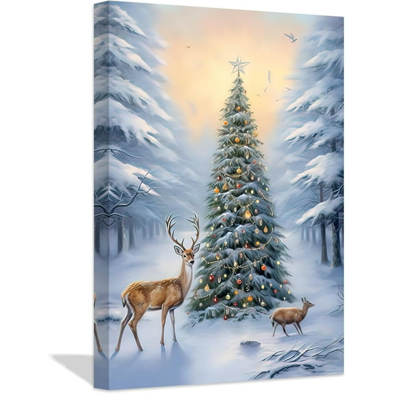 ZHONGYUTONG Christmas Canvas Wall Art Elk Deer with Christmas Tree Poster Prints Winter Forest Picture Artwork Christmas Home Decor Ready to Hang (12.00" x 18.00")