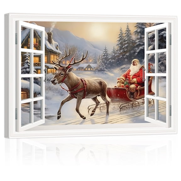 ZHONGYUTONG Christmas Canvas Wall Art Santa Claus with Reindeer Picture Window View Prints (28"x42")