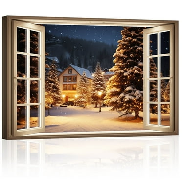 ZHONGYUTONG Christmas Canvas Wall Art Winter Snow Scene Picture Prints Window View Poster (12"x18")