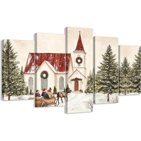ZHONGYUTONG Christmas Wall Art 5 Pieces Large Christmas Church Pictures Wall Decor Xmas Living Room Home Decor Christian Canvas Painting Prints Framed (10x16inx2pcs 10x20inx2pcs 10x24inx1pcs)