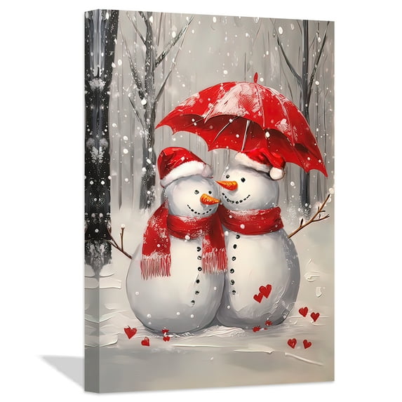 ZHONGYUTONG Christmas Wall Art Snowman Couple with Red Umbrella Canvas Prints Picture (12"x18")