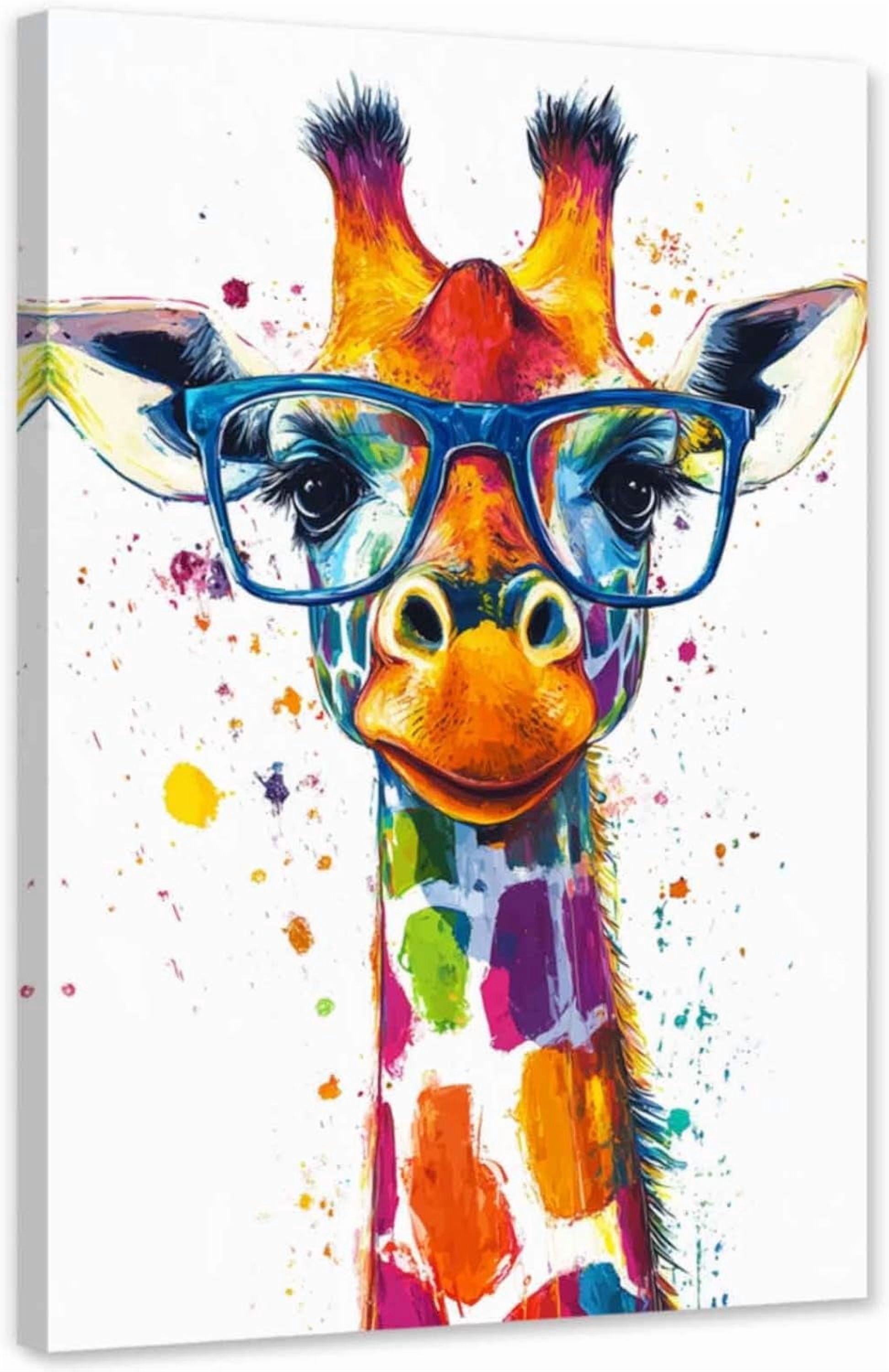 ZHONGYUTONG Colorful Giraffes Canvas Animals with Glasses Wall Art Cute Animal Pictures Funny Giraffes Painting for Kids Decor Framed (12.00" x 18.00")