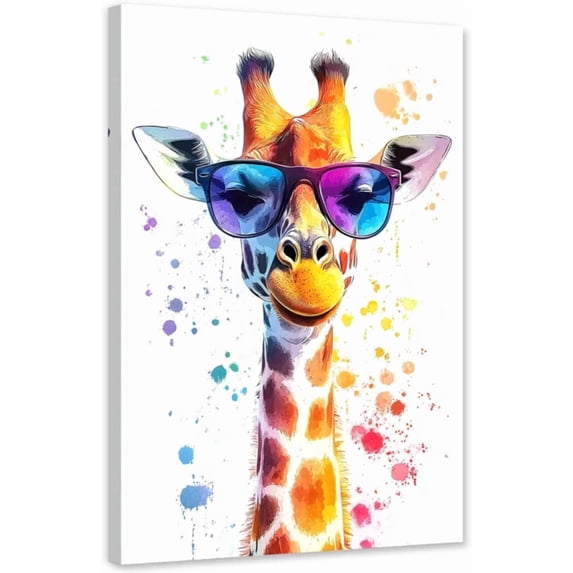 ZHONGYUTONG Colorful Giraffes Canvas Animals with Glasses Wall Art Cute Animal Pictures Funny Giraffes Painting for Kids Decor Framed (16.00" x 24.00")