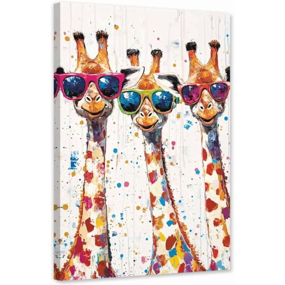 ZHONGYUTONG Colorful Giraffes Canvas Animals with Glasses Wall Art Cute Animal Pictures Funny Giraffes Painting for Kids Decor Framed (20.00" x 30.00")