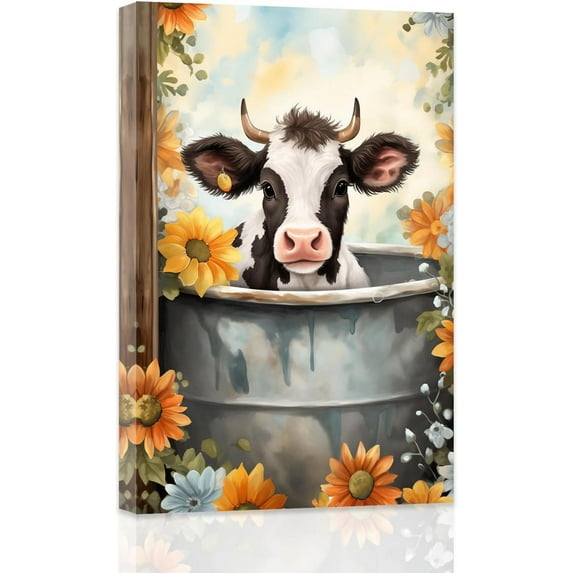 ZHONGYUTONG Cow Bathroom Wall Art Canvas Cow Baby in Bucket Picture Cute Cow Poster Print Rustic Farmhouse Animal Flower Painting Wall Decor (12.00" x 18.00")