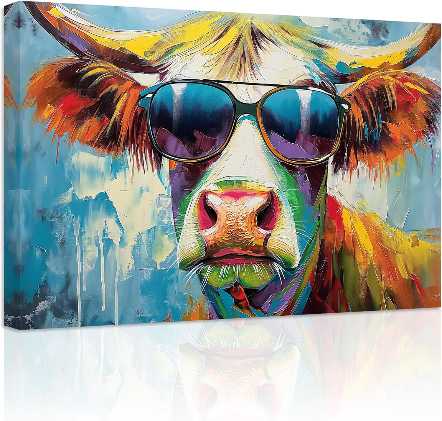 ZHONGYUTONG Cow Canvas Wall Art Abstract Cow Wearing Glasses Poster ...