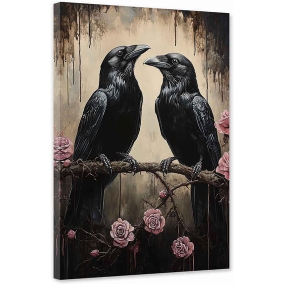ZHONGYUTONG Crow Canvas Wall Art Vintage Halloween Pictures Wall Decor Black Raven Gothic Painting for Bedroom Living Room Decor Framed (24.00" x 36.00")