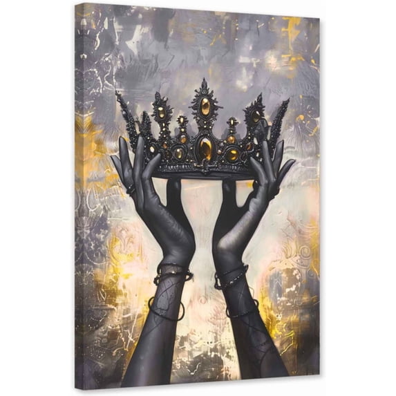 ZHONGYUTONG Crown Canvas Wall Art King Queen Pictures Golden and Black Painting African American Poster for Bedroom Decor Framed (24.00" x 36.00")