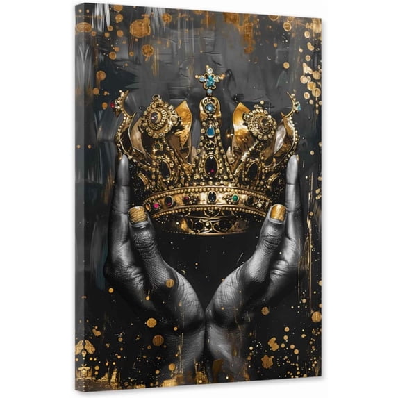 ZHONGYUTONG Crown Canvas Wall Art King Queen Pictures Golden and Black Painting African American Poster for Bedroom Decor Framed (28.00" x 42.00")