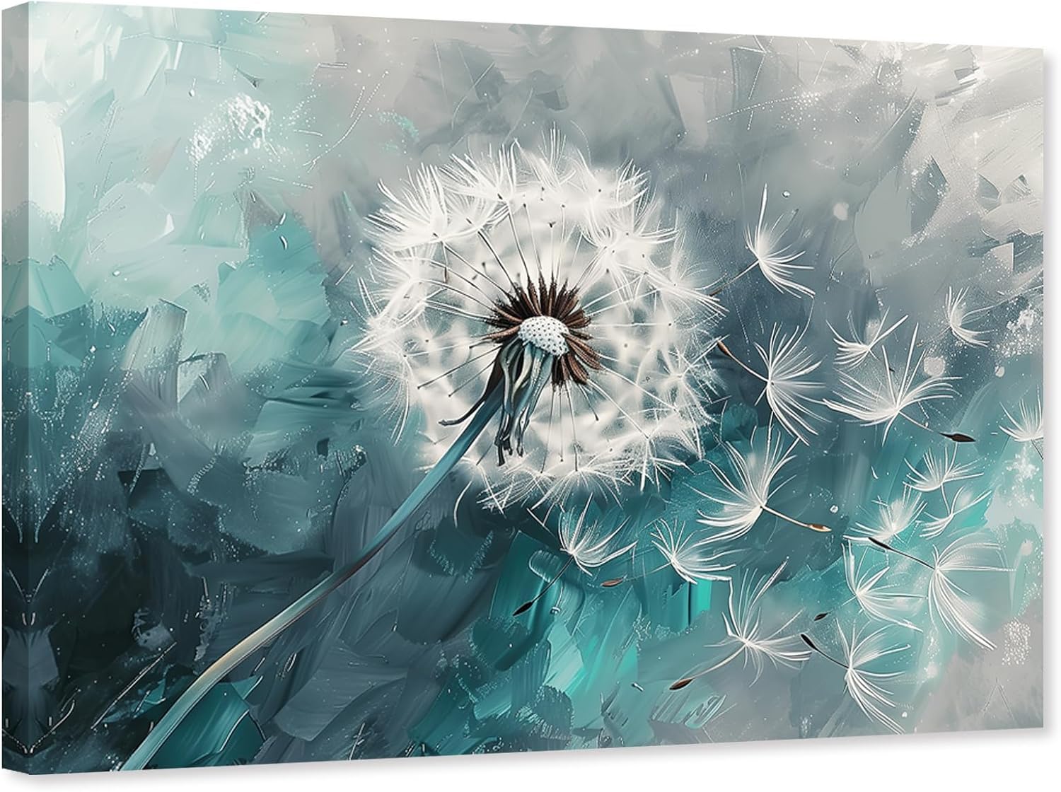 ZHONGYUTONG Dandelion Canvas Wall Art Abstract Teal Dandelion Pictures Nature Turquoise Plant Painting for Living Room Decor Framed (12.00" x 18.00")