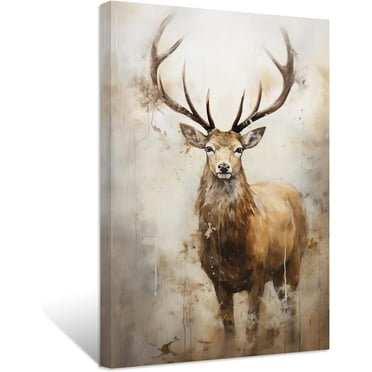 ZHONGYUTONG Deer Canvas Wall Art Elk Head Paintings Abstract Vintage Animal Picture Prints Hunting Artwork Home Decor Framed (12.00" x 18.00")