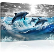ZHONGYUTONG Dolphin Canvas Wall Art Jumping Dolphin Picture Prints Blue Sea Animal Bathroom Artwork Wall Decor for Kids Room Nursery Framed 12.00 x 18.00