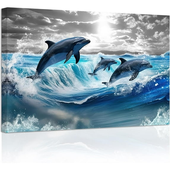 ZHONGYUTONG Dolphin Canvas Wall Art Jumping Dolphin Picture Prints Blue Sea Animal Bathroom Artwork Wall Decor for Kids Room Nursery Framed (12.00" x 18.00")