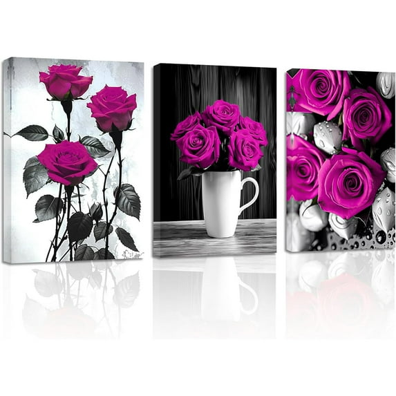 ZHONGYUTONG Elegant Rose Canvas Wall Art 3 Pieces Purple Rose Flower Painting Prints Black and White Romantic Rustic Floral Picture Couples Bedroom Decor Framed (16.00" x 24.00" x 3PCS)