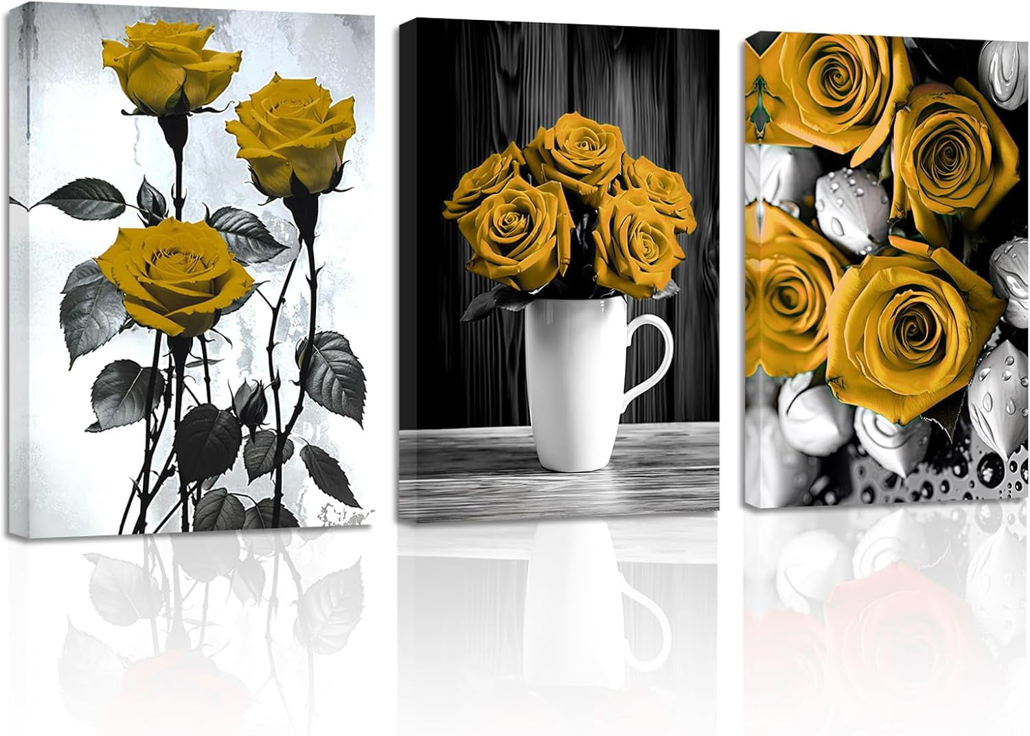 ZHONGYUTONG Elegant Rose Canvas Wall Art 3 Pieces Yellow Rose Flower ...