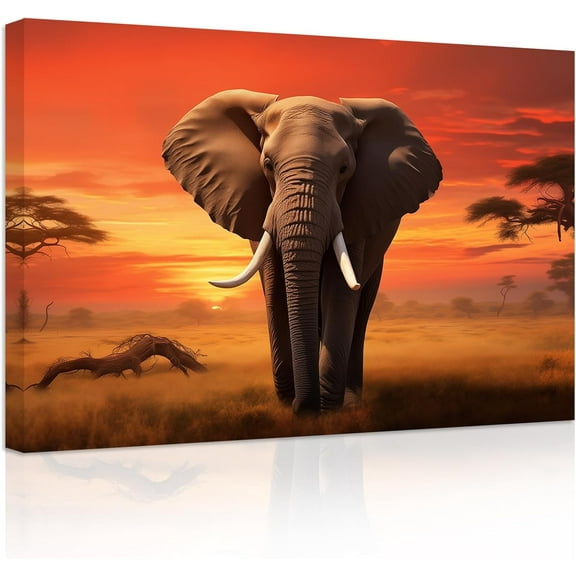 ZHONGYUTONG Elephant Canvas Wall Art African Wild Animal Painting Prints Sunset Forest Elephant Pictures Office Wall Decor Framed (12.00" x 18.00")