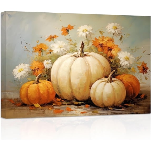 ZHONGYUTONG Fall Canvas Wall Art Autumn Pumpkin and Flowers Paintings Prints Vintage Farmhouse Pictures Thanksgiving Home Decor (12.00" x 18.00")