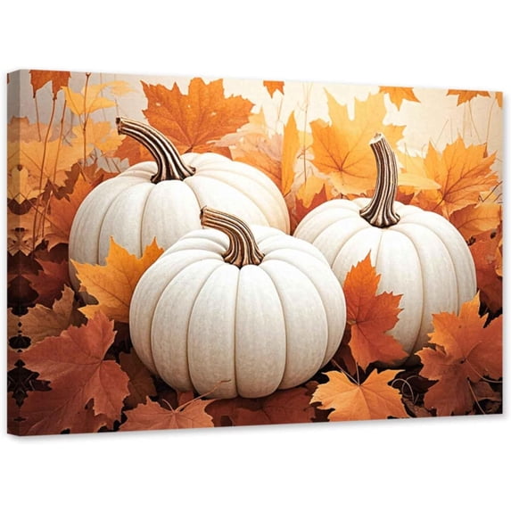 ZHONGYUTONG Fall Canvas Wall Art White Pumpkin Pictures Autumn Harvest Painting Fall Leaf Print for Thanksgiving Theme Wall Decor Framed (24.00" x 36.00")