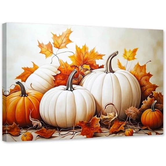 ZHONGYUTONG Fall Canvas Wall Art White Pumpkin Pictures Autumn Harvest Painting Fall Leaf Print for Thanksgiving Theme Wall Decor Framed (24.00" x 36.00")