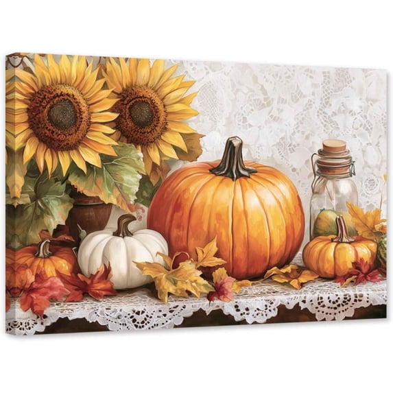 ZHONGYUTONG Fall Canvas Wall Art White Pumpkin Pictures Autumn Harvest Painting Fall Leaf Print for Thanksgiving Theme Wall Decor Framed (28.00" x 42.00")