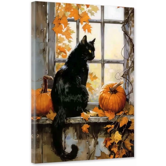 ZHONGYUTONG Fall Wall Art Pumpkin Canvas Black Cat Pictures Autumn Animal Painting Thanksgiving Poster for Living Room Decor Framed (12.00" x 18.00")