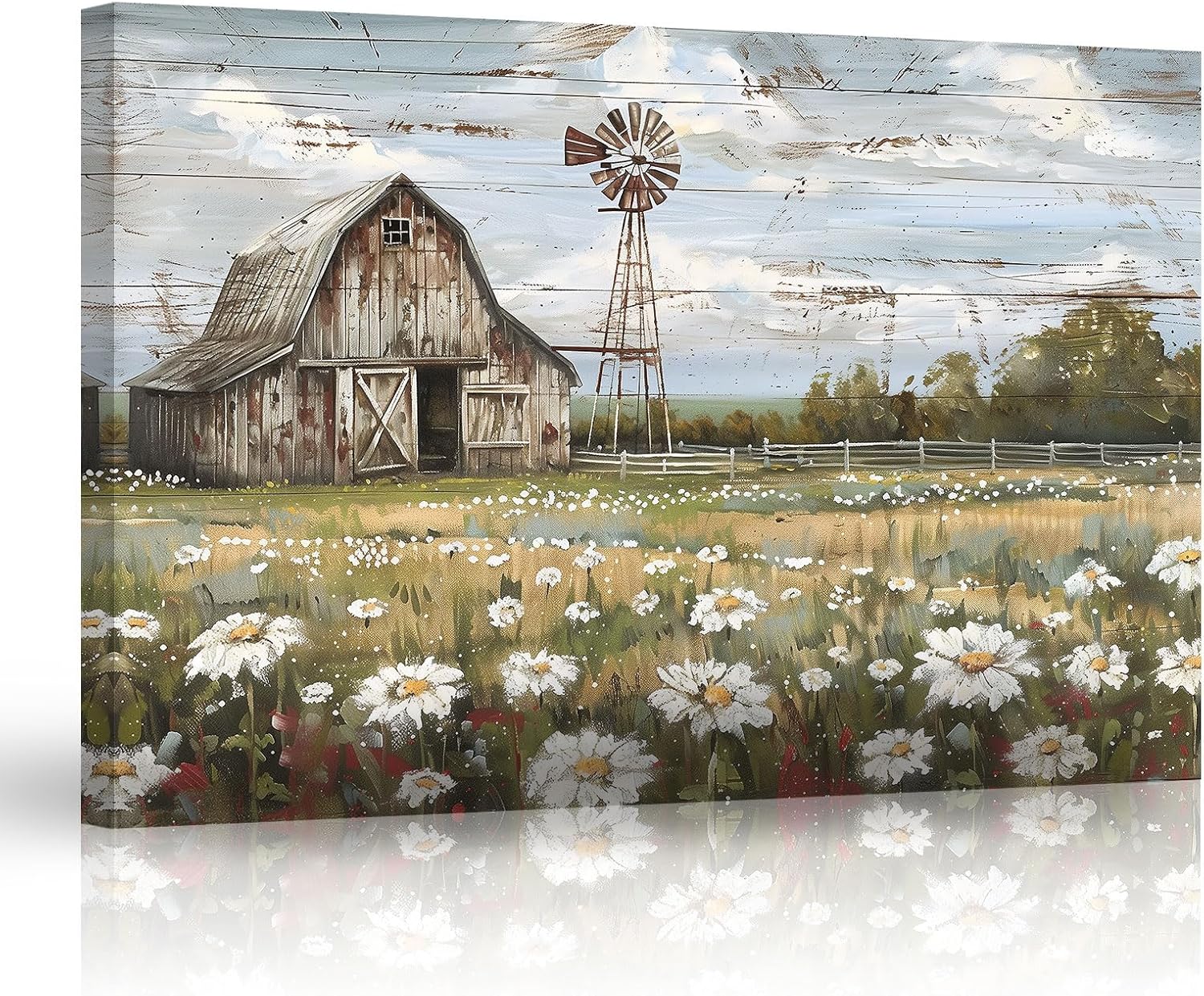 ZHONGYUTONG Farmhouse Barn Canvas Wall Art Rustic Windmill Pictures Flower Field Meadow Artwork Country Farmhouse Paintings for Living Room Decor Framed (12.00" x 18.00")