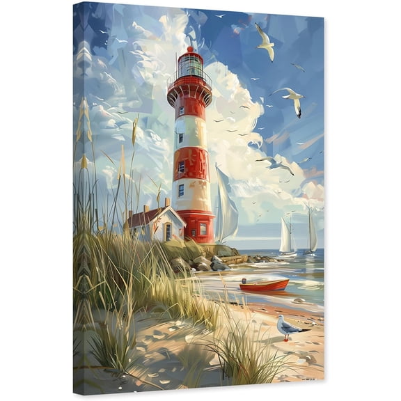 ZHONGYUTONG Farmhouse Canvas Lighthouse Wall Art Rustic Coastal Pictures Red White Tower Painting Beach Poster for Home Decor Framed (12.00" x 18.00")