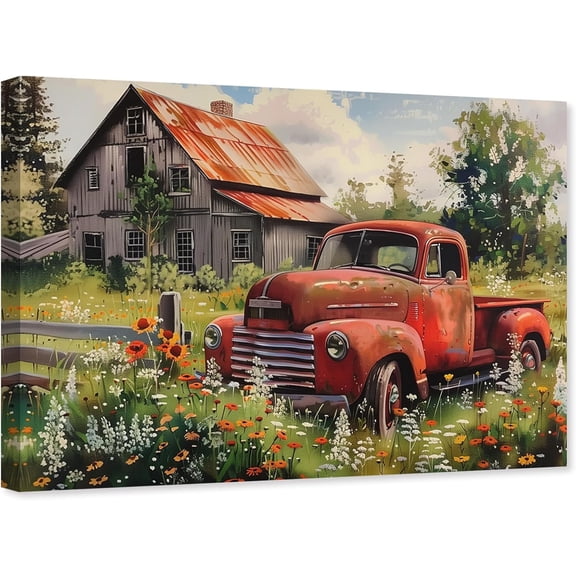 ZHONGYUTONG Farmhouse Canvas Wall Art Red Truck Picture Wall Decor Rustic Country Meadow Painting for Living Room Decor Framed (12.00" x 18.00")