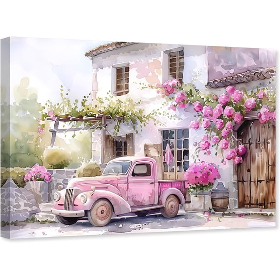 ZHONGYUTONG Farmhouse Truck Wall Art Pink Canvas Rustic House Picture Country Car and Flower Painting for Living Room Decor Framed (16.00" x 24.00")