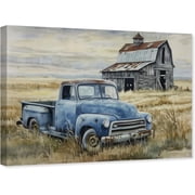 ZHONGYUTONG Farmhouse Wall Art Blue Truck Canvas Old Barn Picture Country Meadow Painting Rustic Artwork for Living Room Decor Framed 12.00" x 18.00"