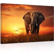 ZHONGYUTONG Forest Elephant Canvas Wall Art African Wild Animal Painting Prints Natural Sunset Landscape Pictures Office Wall Decor Framed 12.00" x 18.00"
