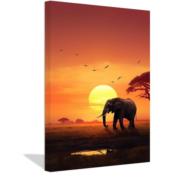 ZHONGYUTONG Forest Elephant Canvas Wall Art African Wild Animal Painting Prints Natural Sunset Landscape Pictures Office Wall Decor Framed (12.00" x 18.00")